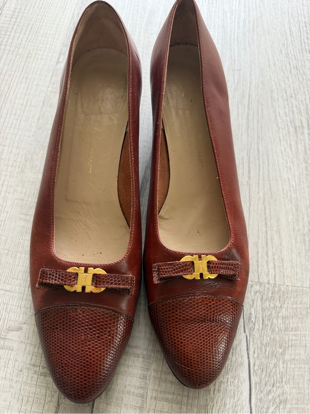 Salvatore Ferragamo Brown Leather Pumps with Gold Hardware